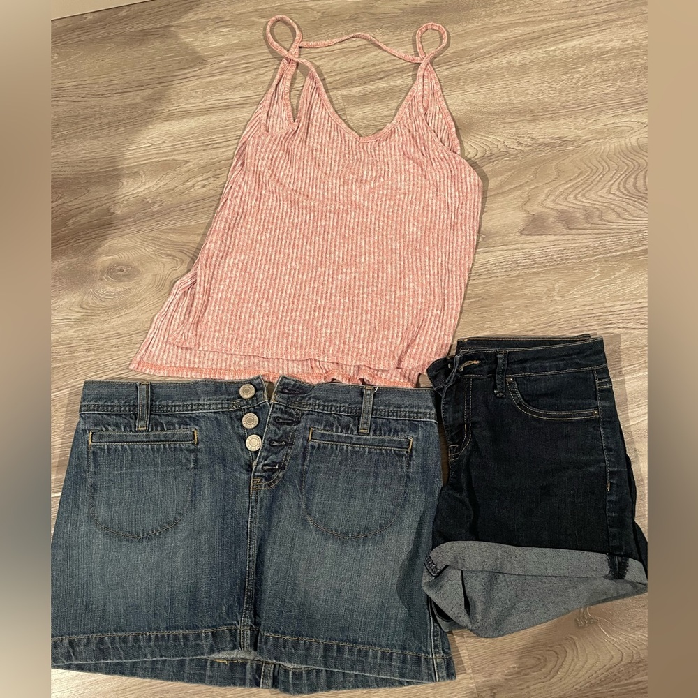 Jean skirt, Jean shorts, and pink summer tank top